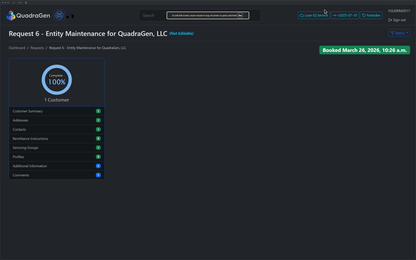 Onboarding Studio entity maintenance request showing 100% completion with customer summary, addresses, contacts, remittance instructions, and profiles all validated.